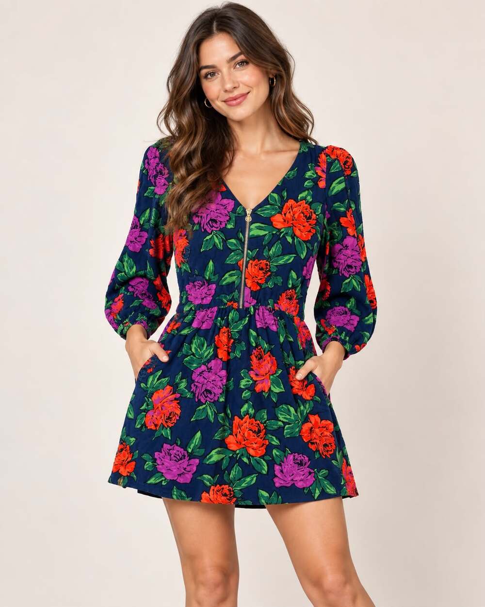 Zara Navy Floral Front Zip Mini Dress Approx S Romantic Y2K Fit Flare